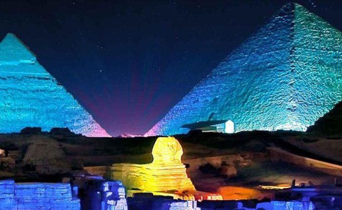 Giza Pyramids Sound and Light Show illuminated at night