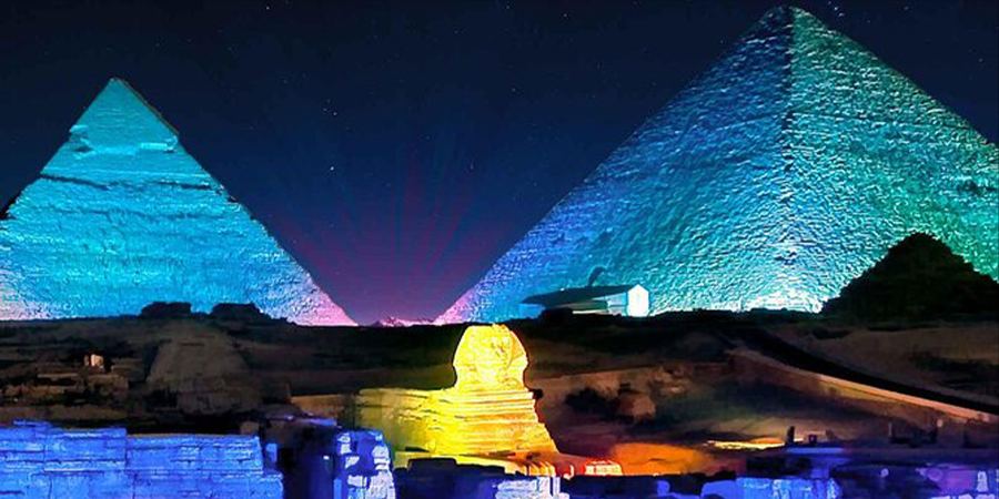 Giza Pyramids Sound and Light Show illuminated at night
