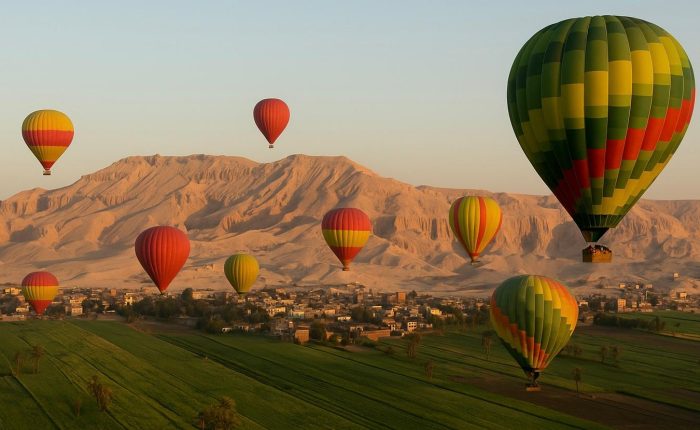 Hot Air Balloon Ride in Luxor at sunrise over temples and the Nile