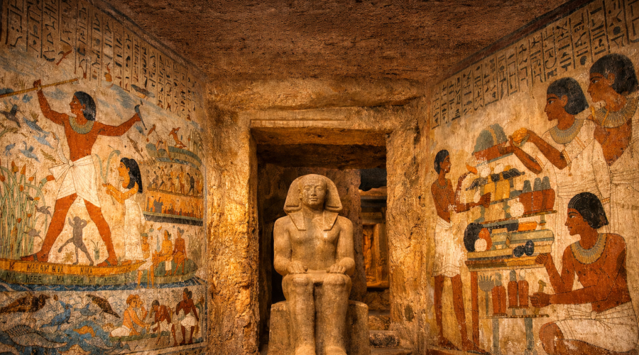 Ancient wall paintings inside the Tombs of the Nobles Tour in Egypt