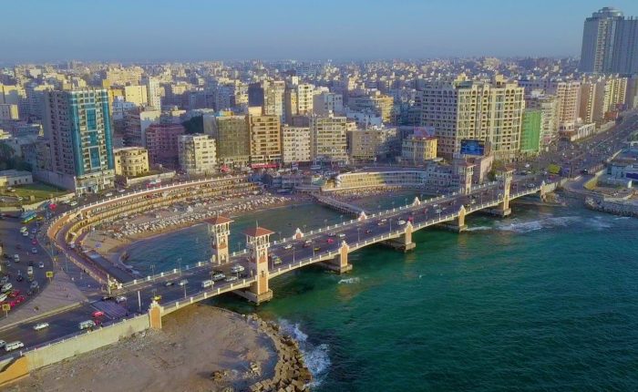 Aerial view of Stanley Bridge on the Alexandria Corniche on an Alexandria by night tour