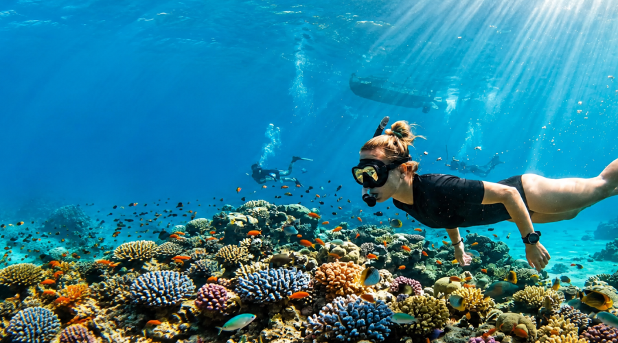 Ras Mohamed Tour from Sharm El Sheikh featuring the Magic Lake, mangroves, desert scenery, beach, and Red Sea snorkeling