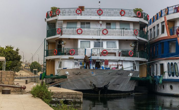 Nile cruise ship moored on the river before a 3 night Nile cruise from Aswan to Luxor