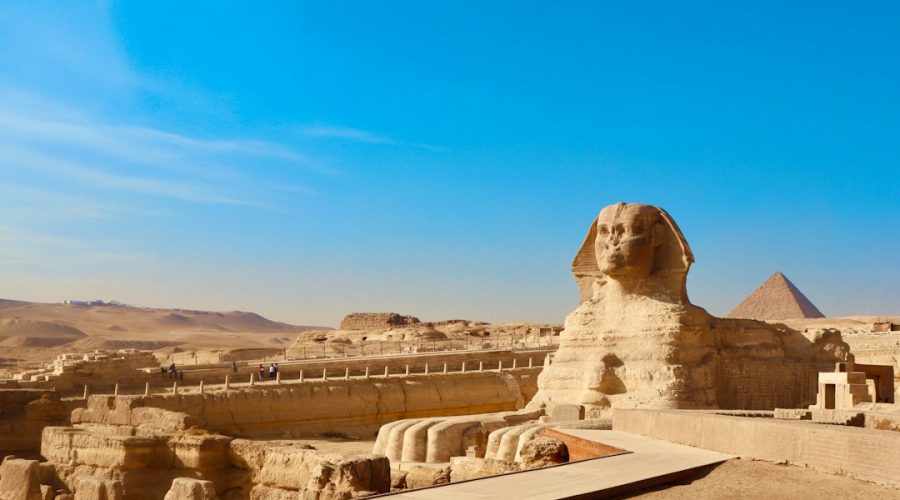 The Great Sphinx in front of the Pyramids of Giza, the main stop on a Cairo day trip from Hurghada
