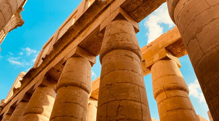 Towering carved columns of the Great Hypostyle Hall at Karnak, visited on the Cairo Luxor Hurghada holiday