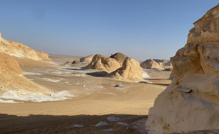 Wind-carved chalk formations in Egypt's White Desert on a Siwa Oasis and White Desert tour
